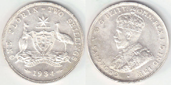 1934 Australia silver Florin (EF) A002576